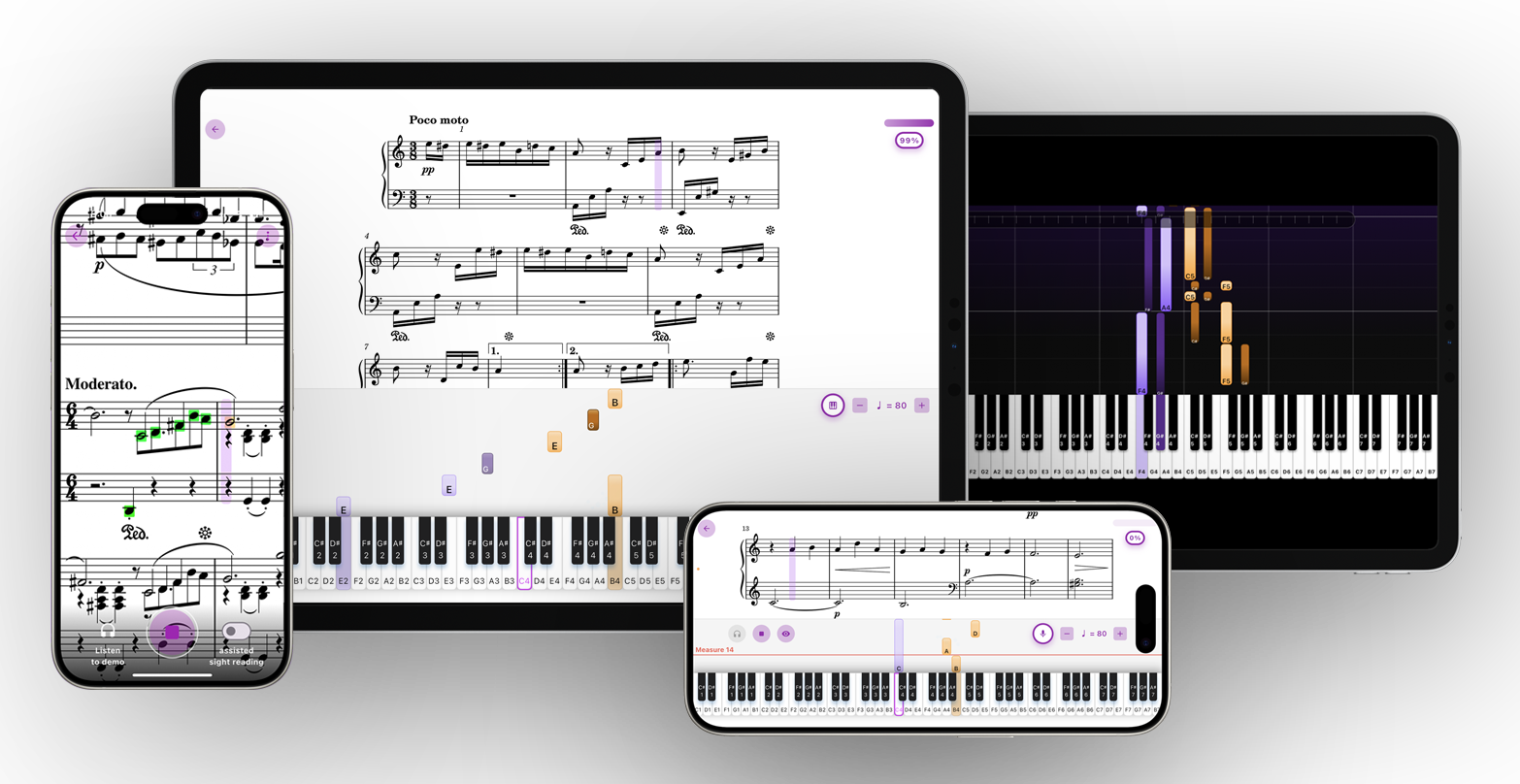 Harmono Piano app: sheet music, feedback and falling-tiles view across devices