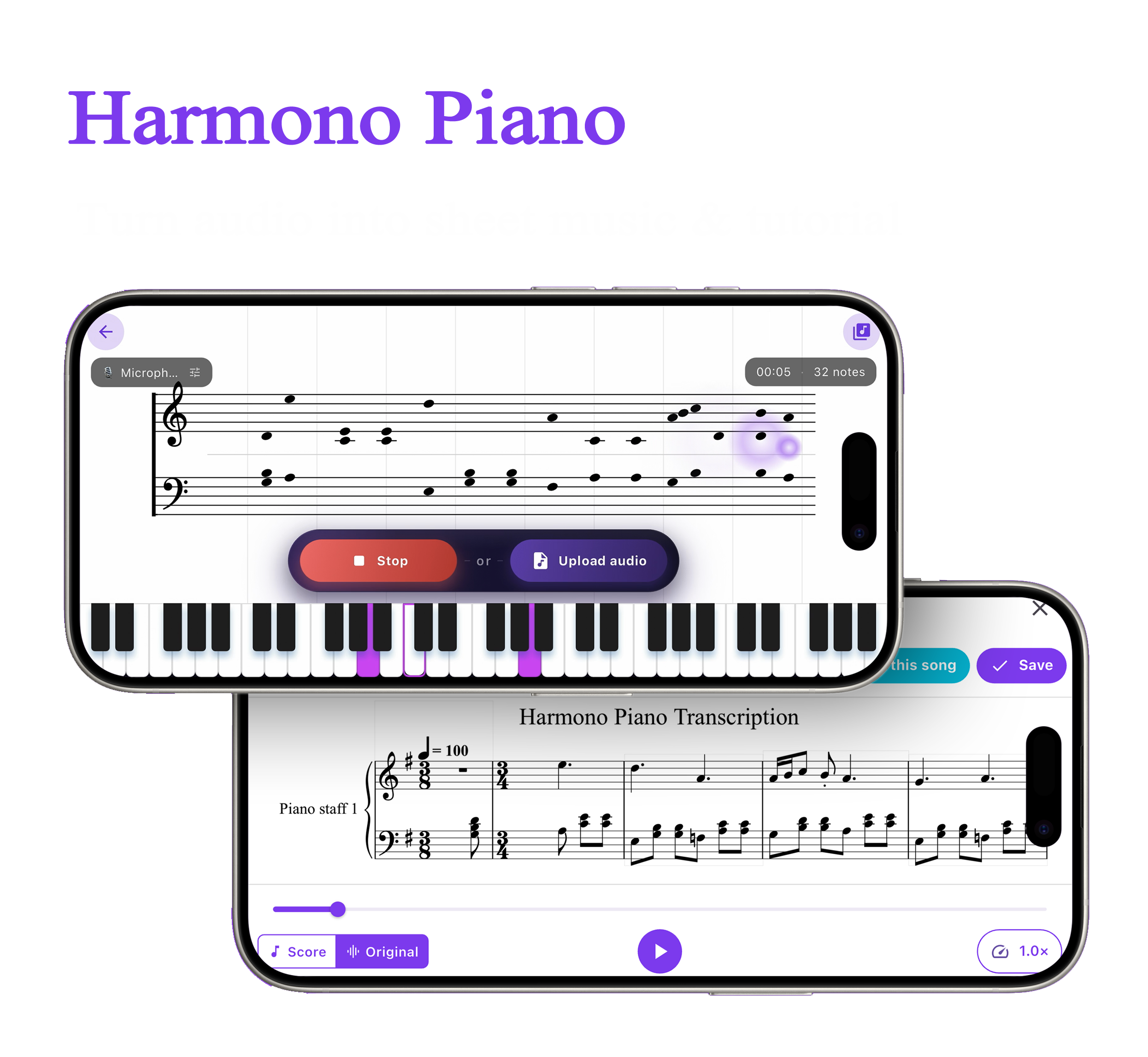 Harmono transcribing audio into sheet music and a play-along tutorial