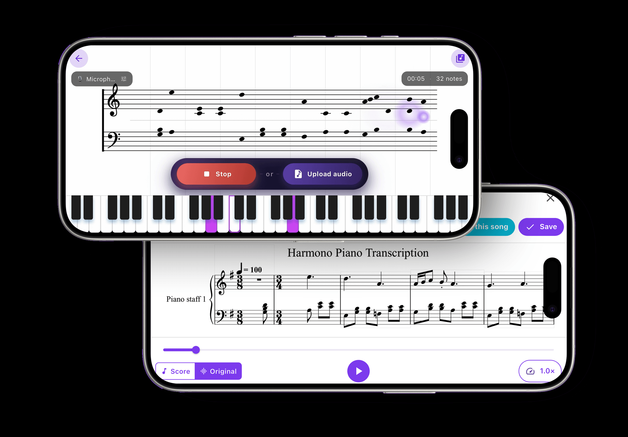 Harmono transcribing audio into sheet music live as it listens