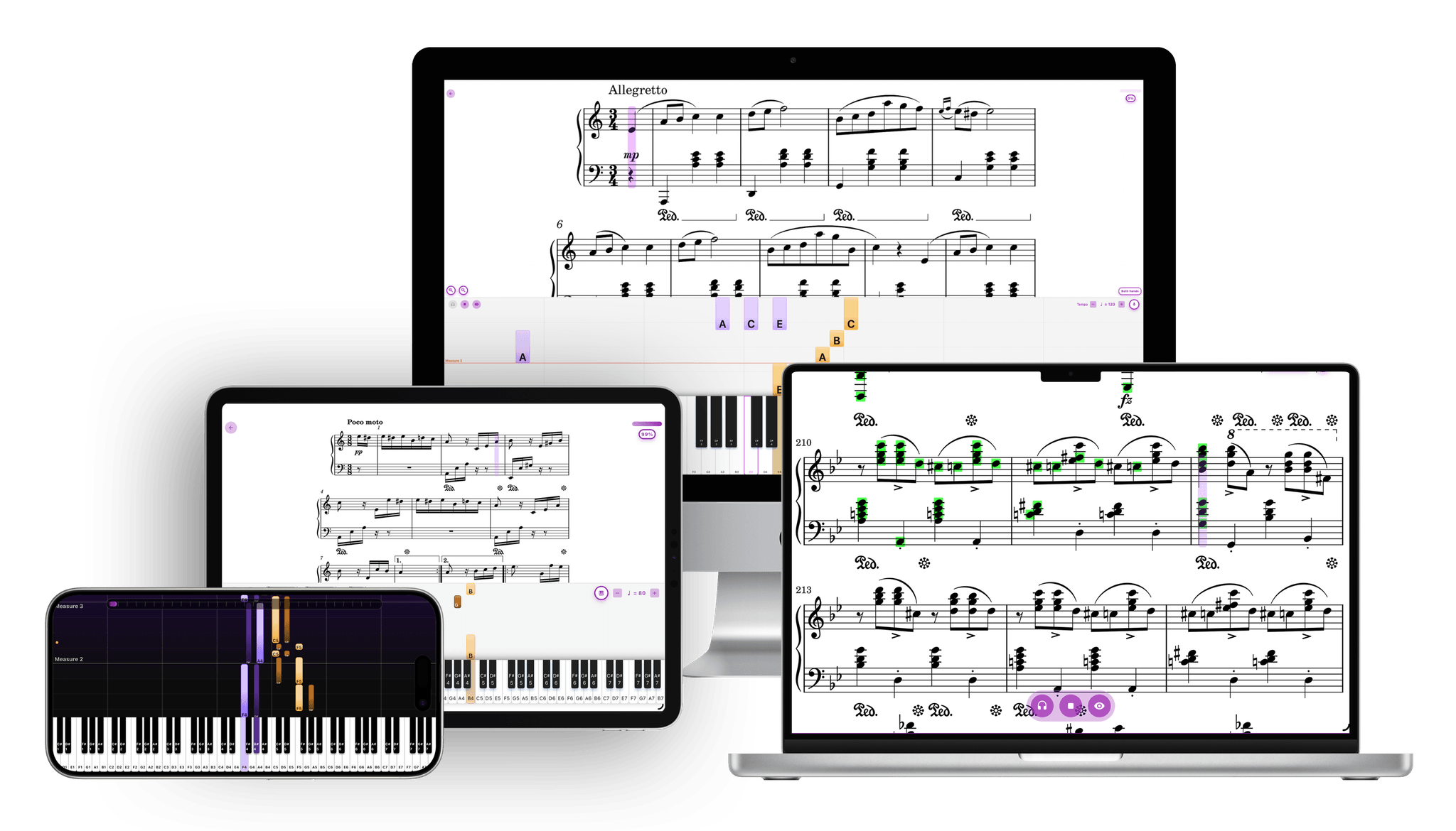 Harmono Piano app shown on Mac, iPad and iPhone: sheet music, feedback and falling-tiles views